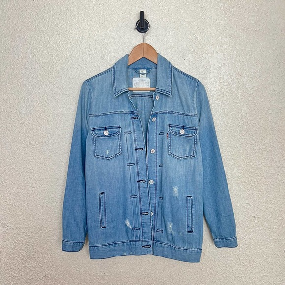 Levis Denim Trucker Jacket size XS Blue Oversized Boyfriend Fit Distressed - Picture 4 of 10